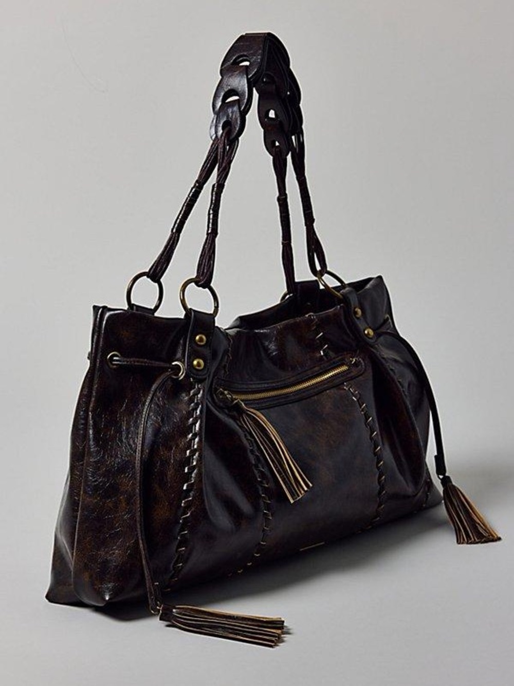 silence + noise Dark Brown Braided Handle Tassel Shoulder Bag